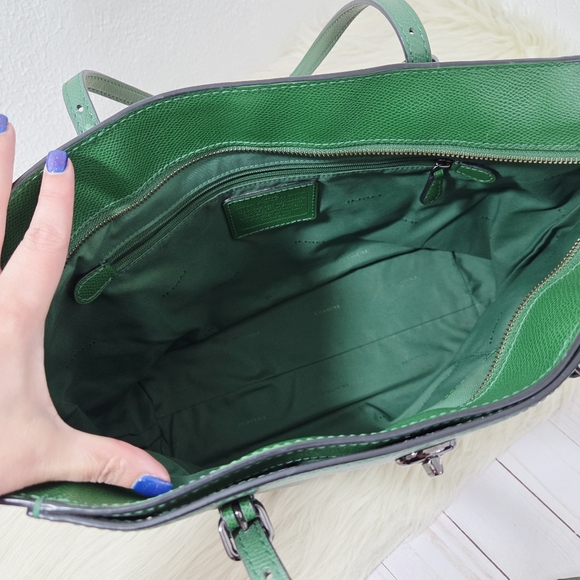 Coach Turnlock Tote Bag Emerald Green Crossgrain Leather Gunmetal Large - Picture 13 of 14